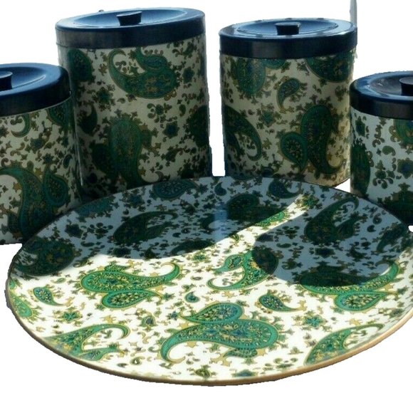 Vintage Kitchen Canister Set Takahashi Nesting Container Green Paisley Tray MCM - Picture 2 of 13
